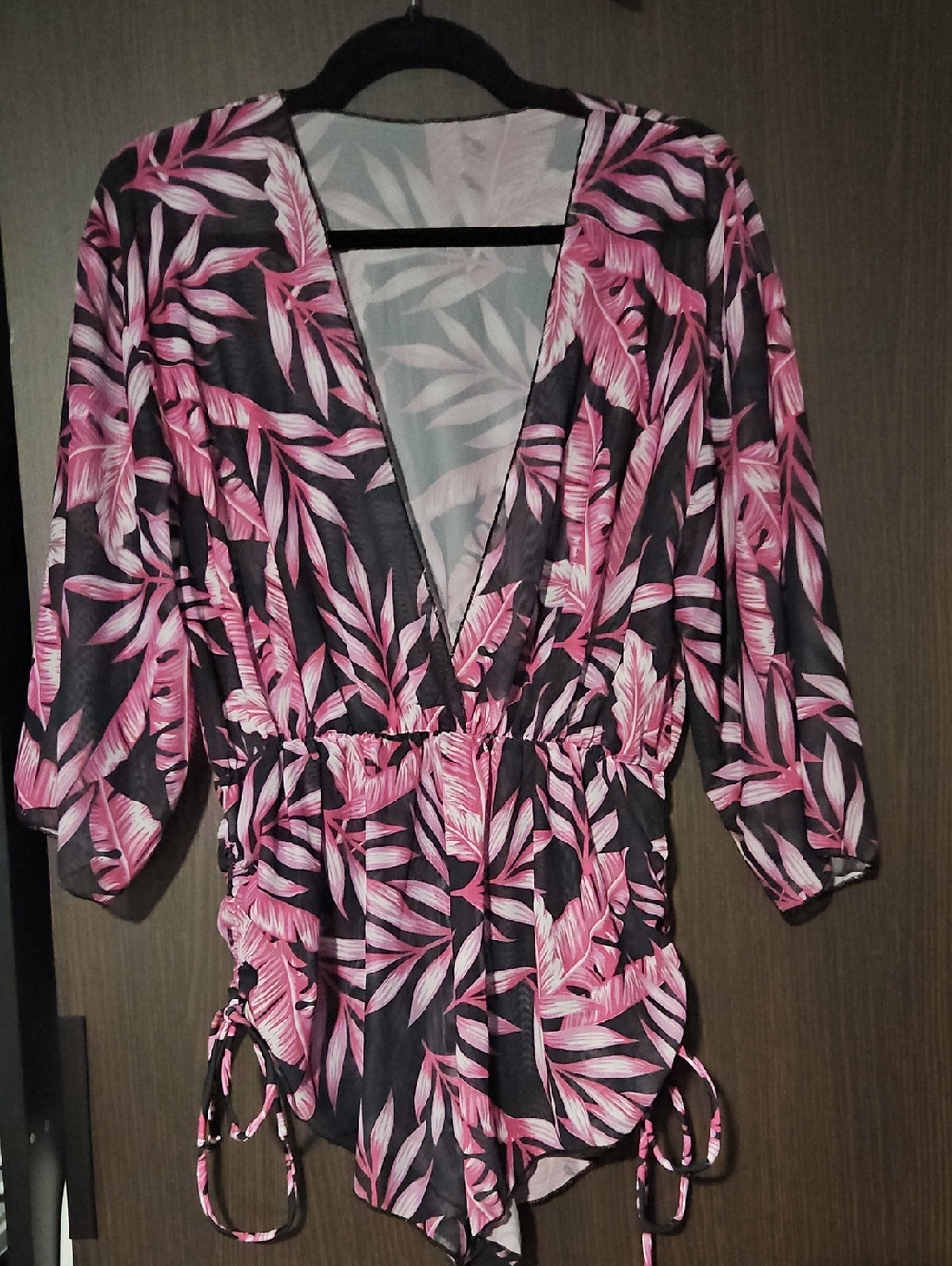 Pink Leaf Print Deep V Romper Swimsuit Cover Up